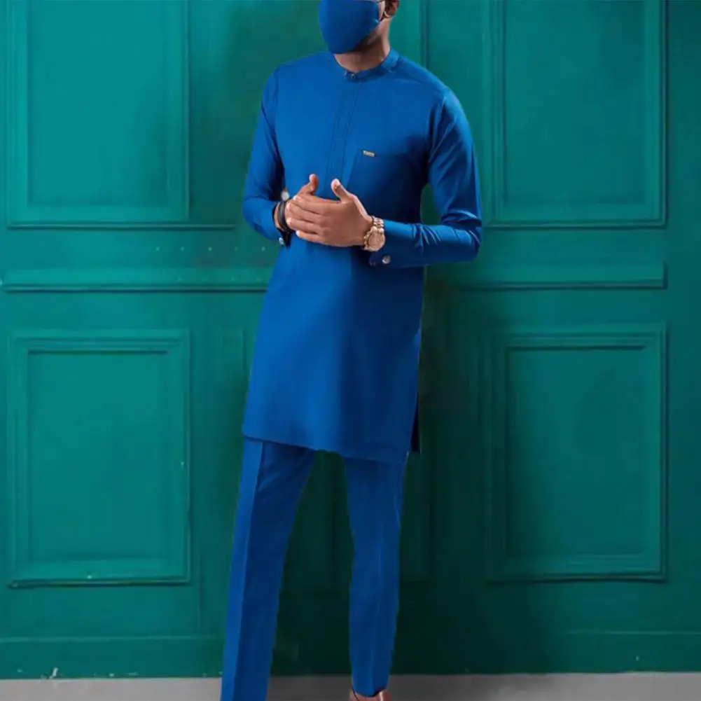 2 Pcs/Set African Men Suit Good Anti-wrinkle Patch Pockets Men Clothing Autumn Men Suit Spring African Men Suit