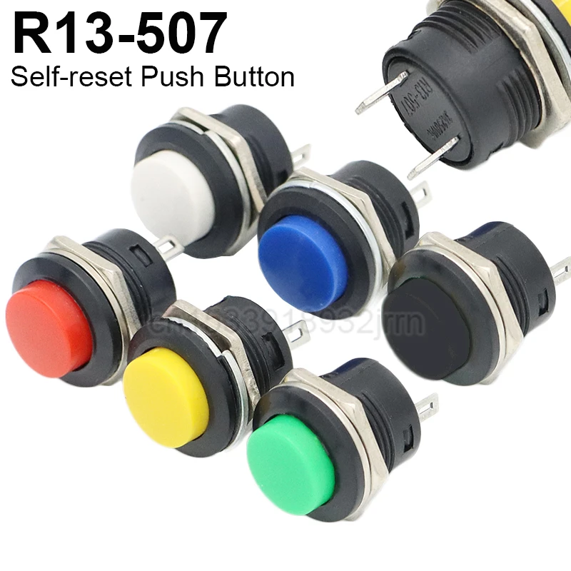 

6Pcs R13-507 16mm Momentary 3A/250VAC 6A/125VAC Round Self-reset Push Button Switch Green/Black/Blue/White/Yellow/Red