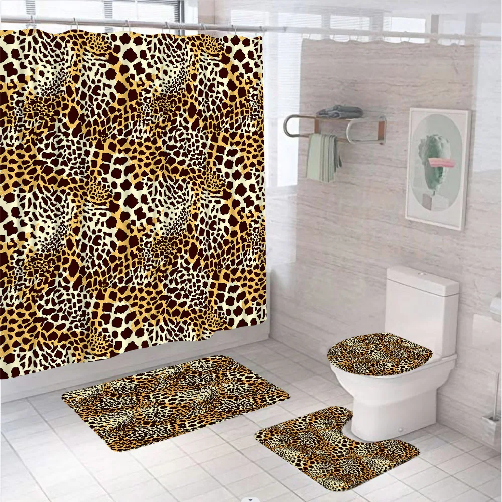 4Pcs Leopard Blue Shower Curtain Sets Animal Fur Texture Creative Bathroom Curtains Non-Slip Bath Mat Pedestal Rug Toilet Covers - купить по