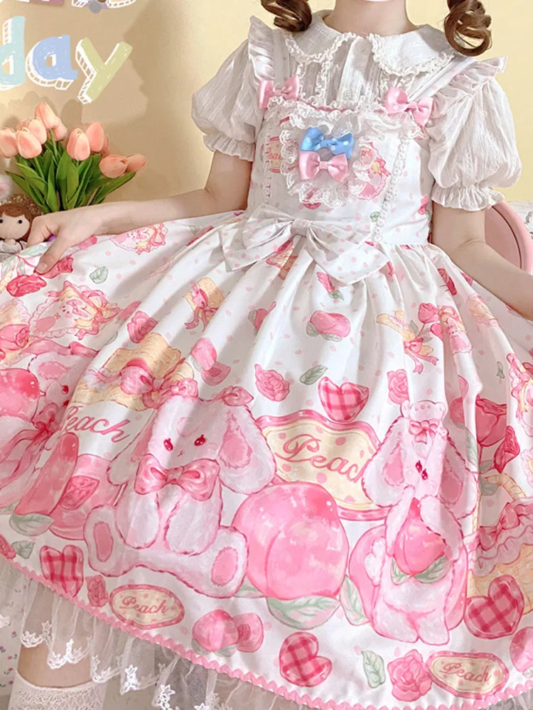 

KIMOKOKM Kawaii Sweet Girl Lolita Style Square Collar JSK Ruffles Dress Bow Sleeveless Cartoon Printing Lace Mini Camisole Dress