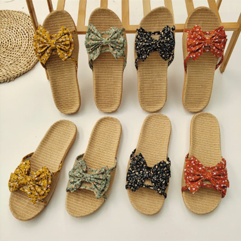 

Women Hemp Weaving Slippers With Bowtie Sweet Summer Beach Shoes European Styles EU45-35 Green Yellow Flat With Slides Wide Fits