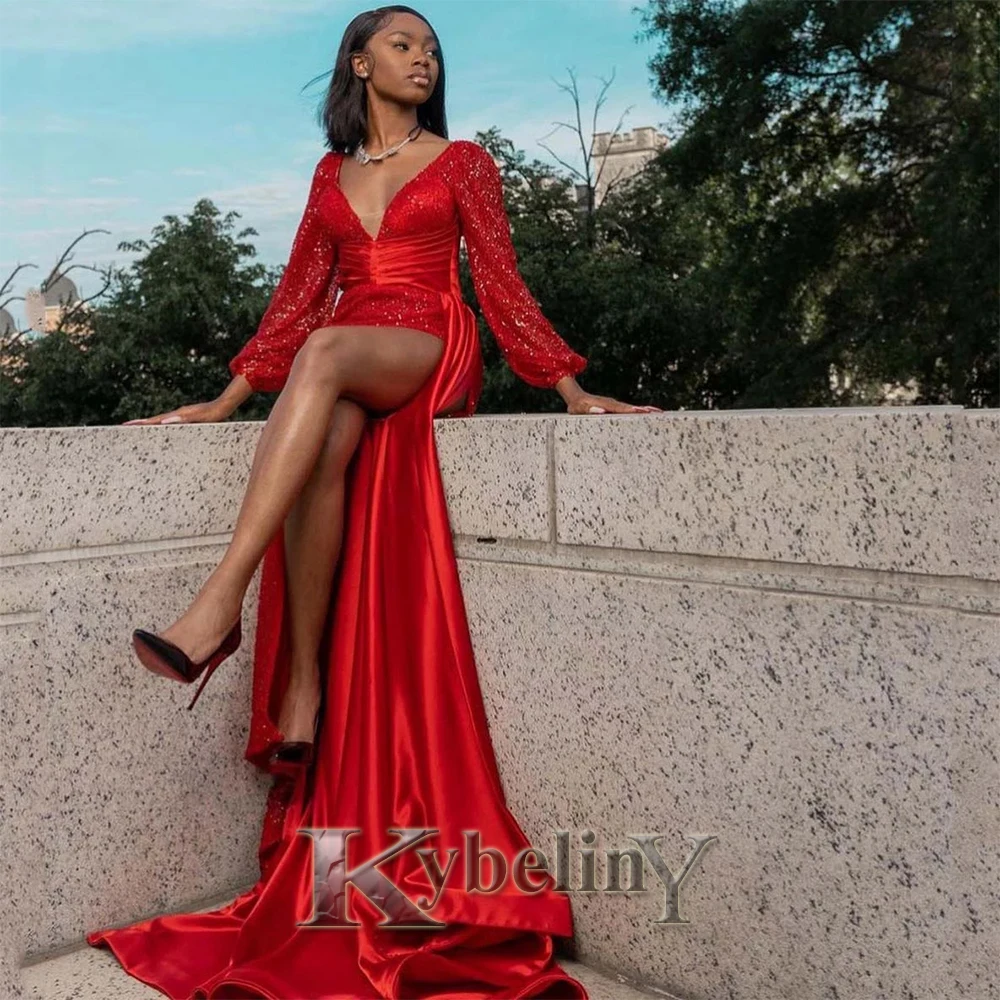 

Kybeliny Red Exquisite Shiny Evening Dresses Mermaid High Slit V-NECK For Women Satin Prom Gowns Robes De Soirée Custom Made