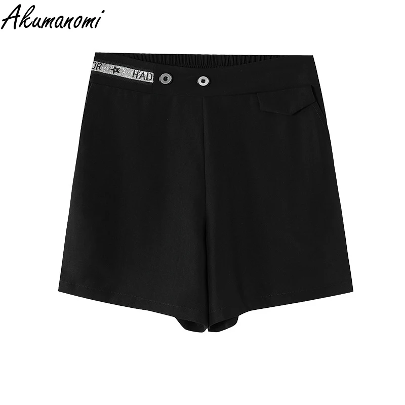 

Women Clothing Black Shorts 5XL 4XL 3XL Casual Solid Summer Elegant Elastic Waist Wide Leg Pants Loose Korean Style pants 2022