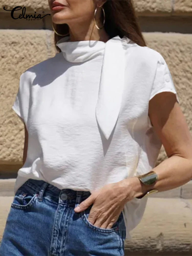 

Модные женские ретро топы Celmia, Повседневная Блузка с воротником-стойкой, универсальная рубашка с коротким рукавом, летние однотонные Блузы ...