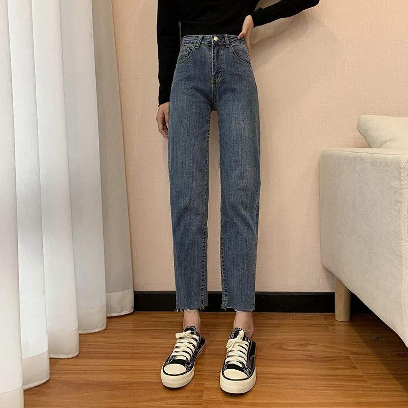 N0550   New high-waist slim straight-leg loose cropped trousers jeans