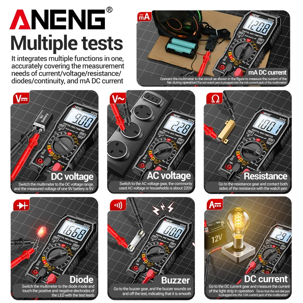 Фото Цифровой мультиметр ANENG SZ06+BT169, набор для проверки батарей, высокоточный тестер напряжения постоянного/переменного тока, диодный тестер, для электриков и домашнего использования №5