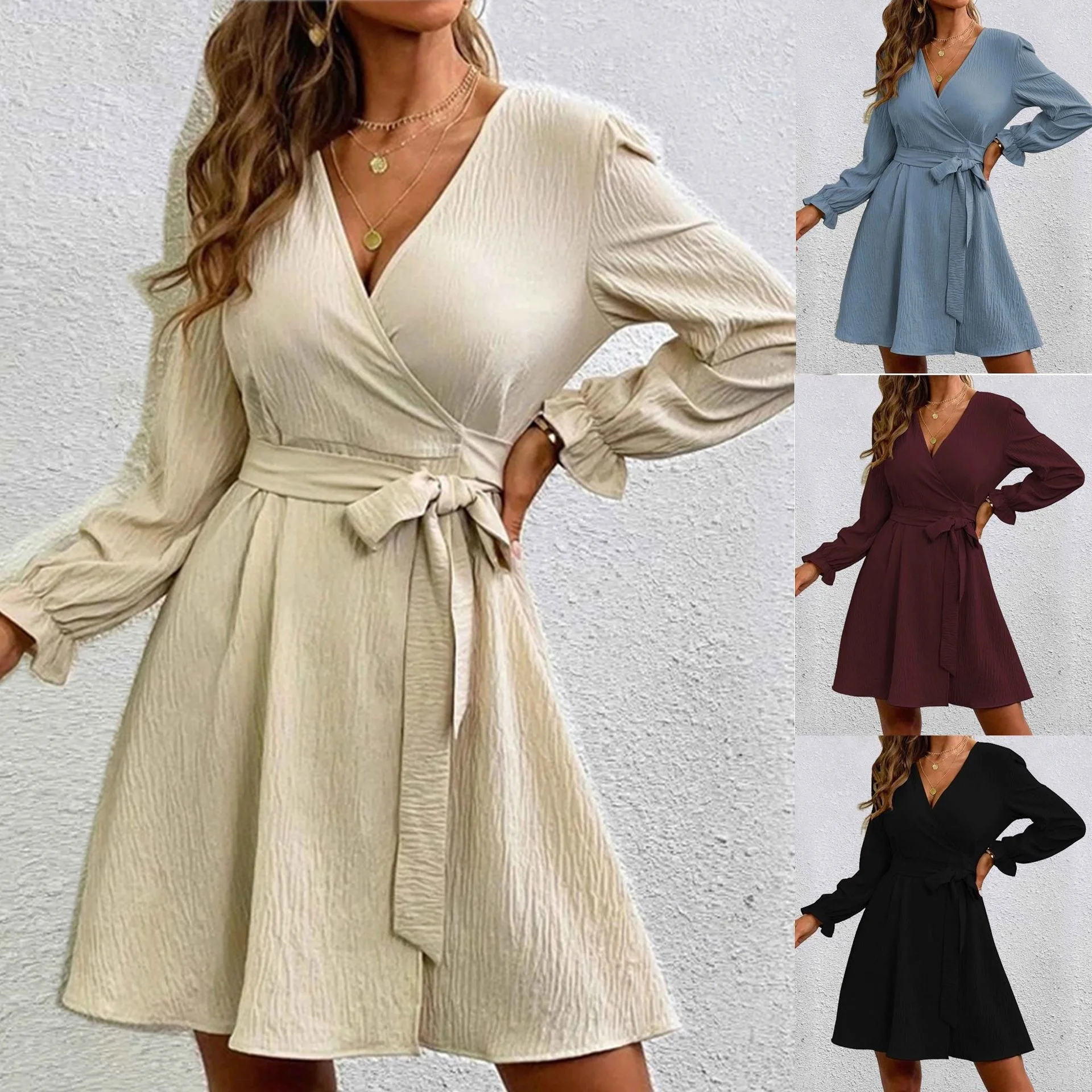 

Solid Color Wrap Chest 2022 Slit Neck Belt Lantern Sleeve Dress