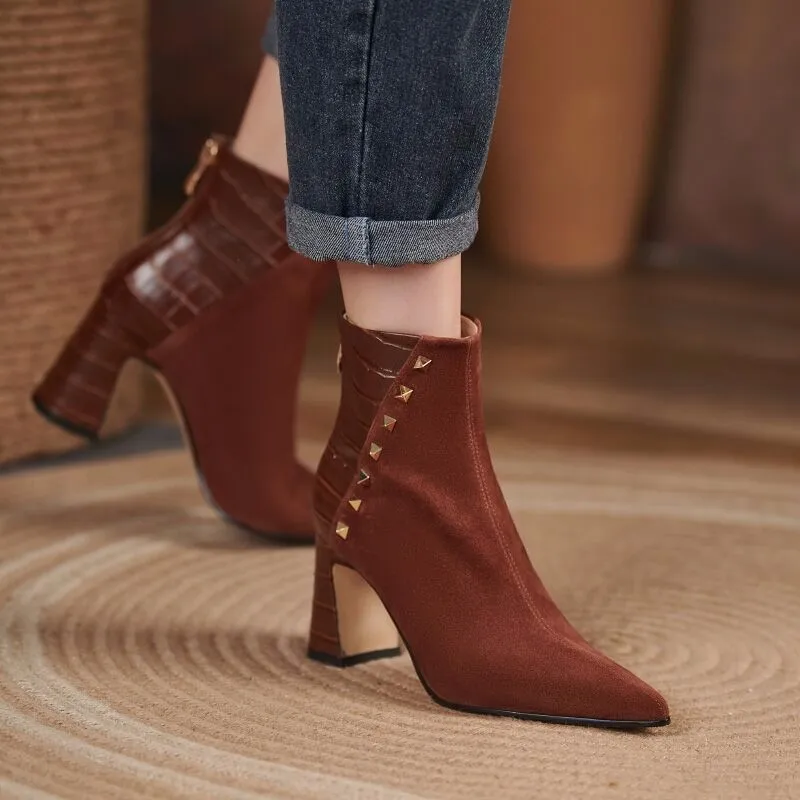 

Rivet Women's Boots Pointed Toe High Square Heel Velvet Ladies Ankle Boots Winter Office Lady Sexy Fashion Gentle Female Shoes