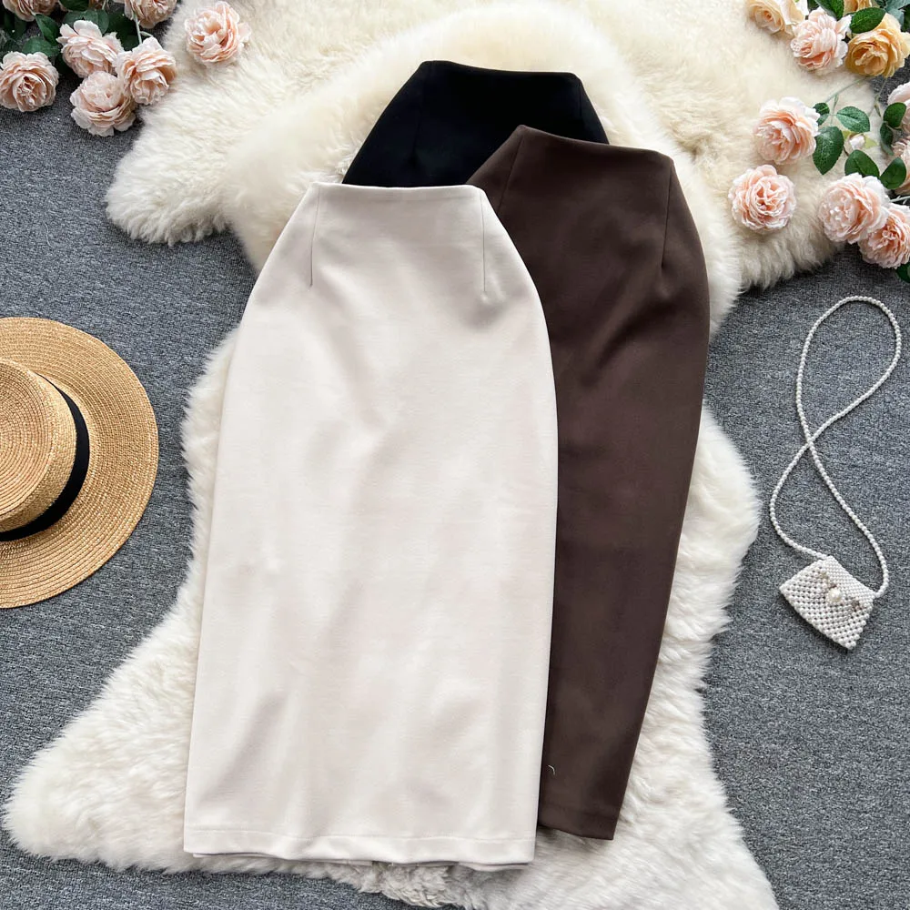 

Autumn and Winter New Tweed Skinny Medium-length Paragraph Solid Color Hundred with High Waist Package Hip Half-body Skirt