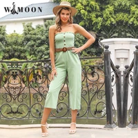2021 summer new one word shoulder solid color toned belt sashes casual jumpersuit women mint green fashion jump suits for women