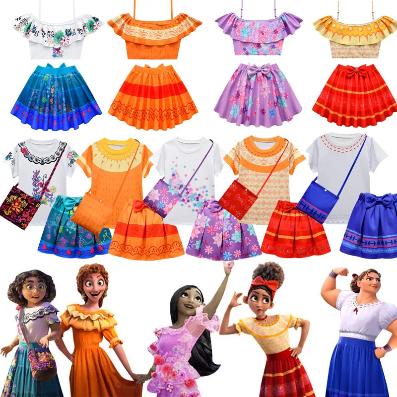 

Movie Encanto Mirabel Isabela Luisa Madrigal Cosplay Costume for Girls Princess Dress with Bag for Party Summer Top Skirts Sets