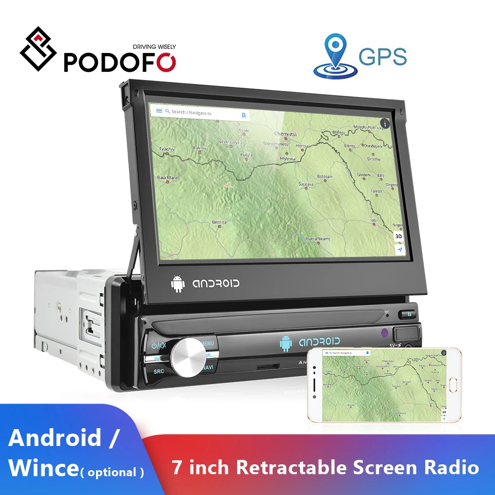 

Автомагнитола Podofo, мультимедийный видеоплеер с выдвижным 7 "HD экраном, GPS Навигатором, без DVD, Wi-Fi, Типоразмер 1Din