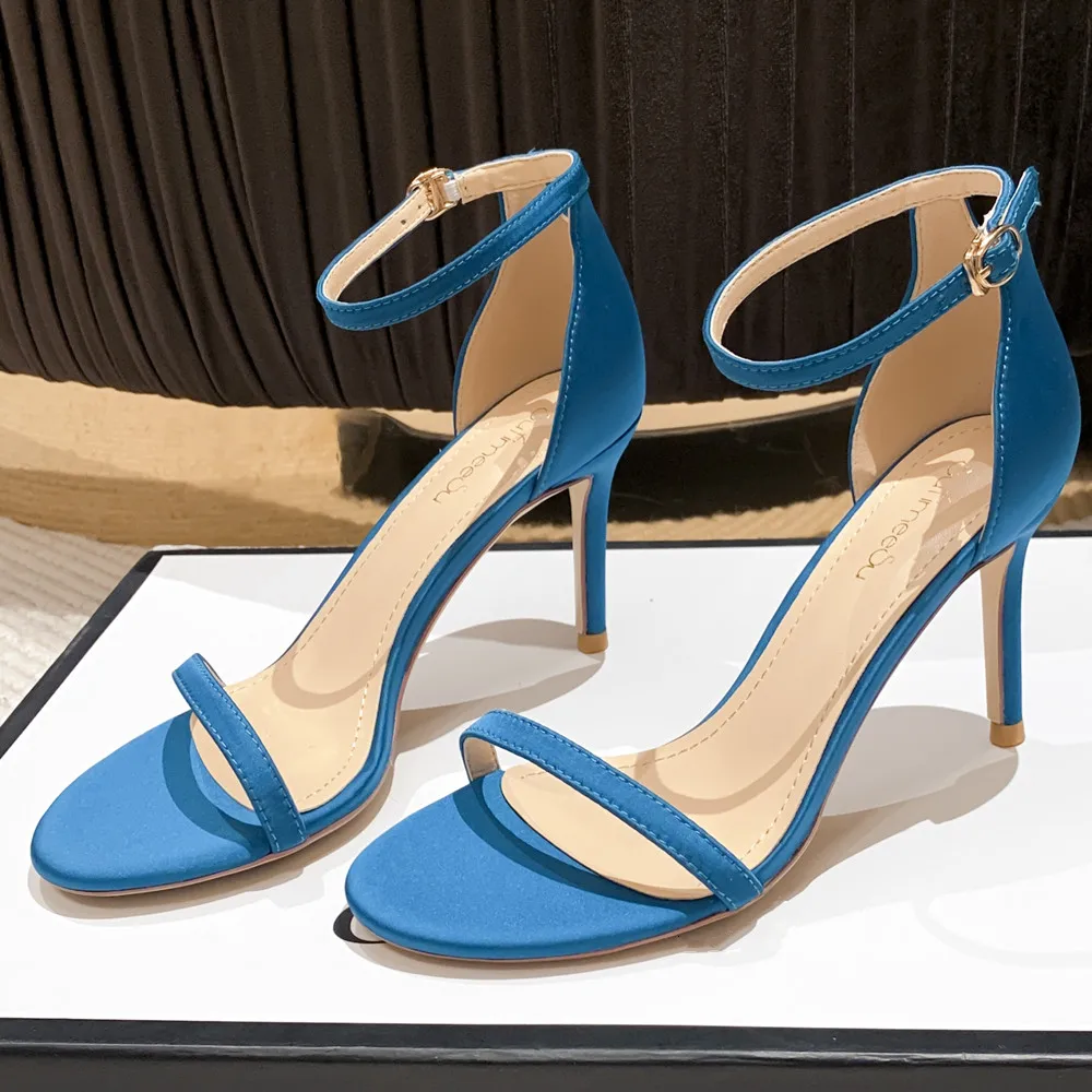 2022 New Summer Elegant Women Silk Blue Wine Red 8cm Thin High Heels Fashion Wedding Party Banquet Shoes Big Size Sandals O0017
