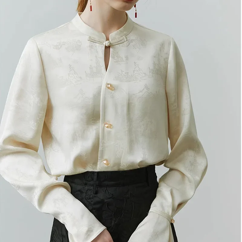 Осень 2023 новая рубашка в китайском стиле с воротником на пуговицах женская