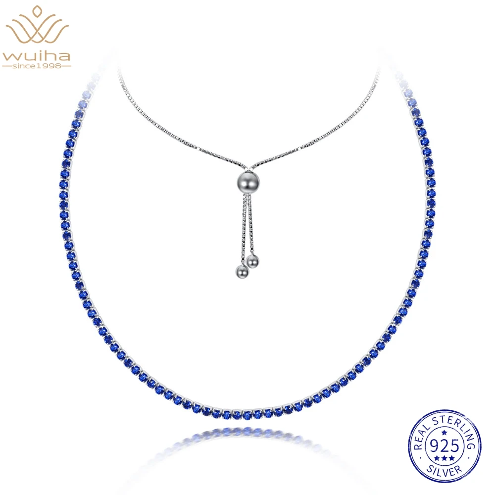 

WUIHA 925 Sterling Silver Round Fancy VVS Sapphire High Carbon Diamond Adjustable Chokers Necklaces for Women Gift Drop Shipping