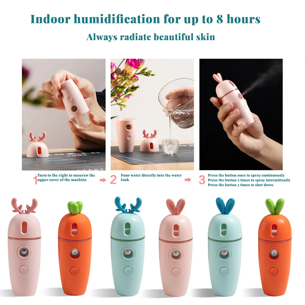 

Mini Facial Humidifier 7 Color Gradient Light Mist Cooling Humidifier with 30ml Water Container Carrot 2 Leaves