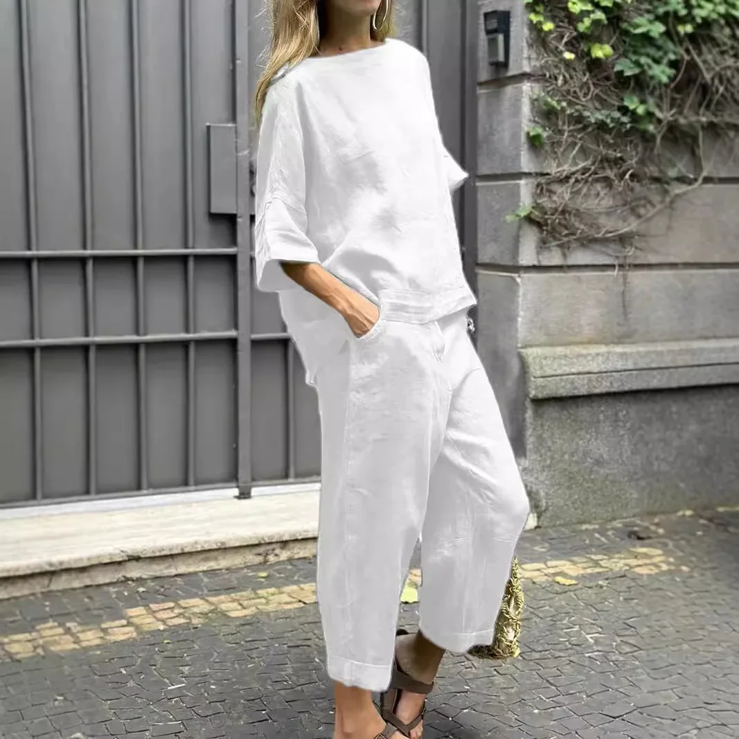 Spring Autumn High Waist Loose Cotton Linen Shirt Fashion Sports Set Women's Dress Sets Comfortable Casual Outfit