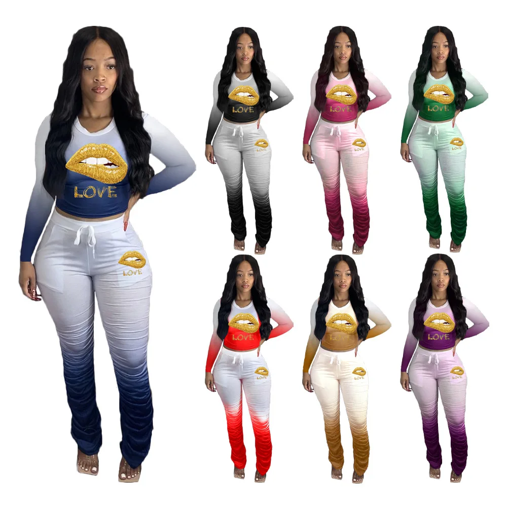 

H1398 Spring 2022 Womens Fashion New Gradient Color Women Clothing Print Tracksuit Pants Sets Women Two Piece Set