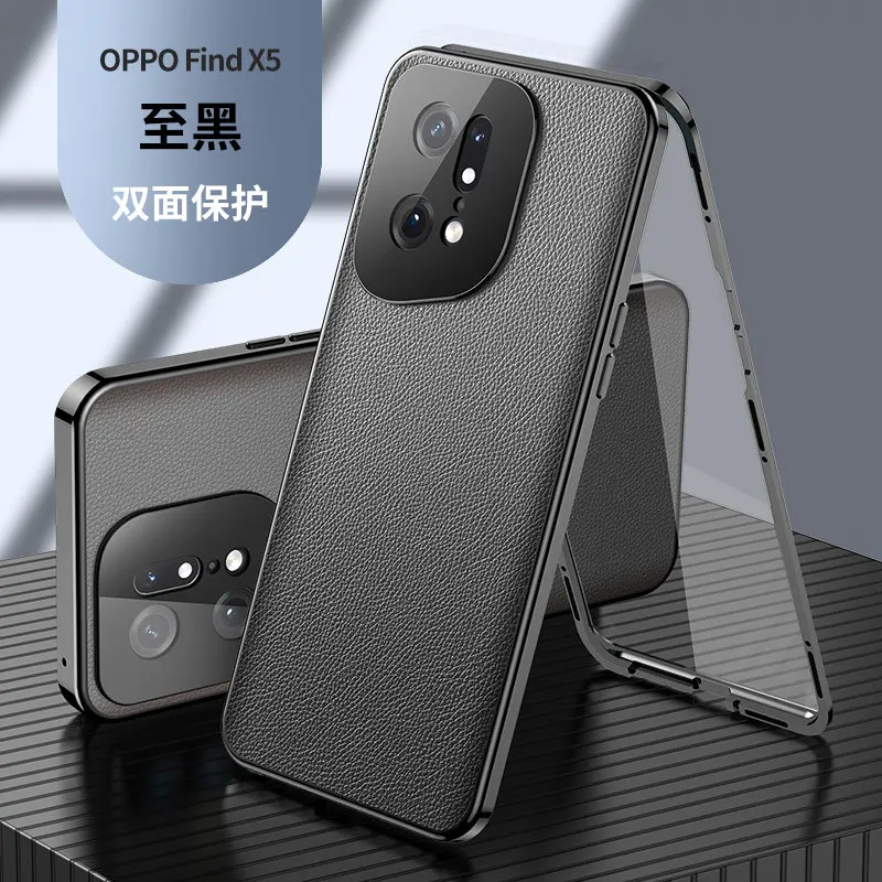 

Oppo Find X5 CPH2307 360 Full Protection Case Metal Bumper Front Glass Cover with Back PU Leather Case for Oppo Find X5 FindX5