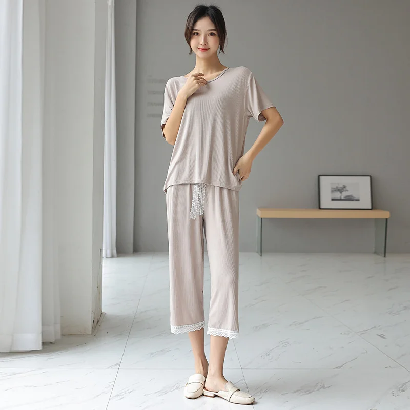 Modal Summer Pajamas Girls Summer Short Sleeve Two Piece Ice Pyjamas Short Sleeve Suit Sleepwear