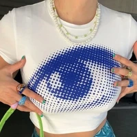 dourbesty y2k white t shirts summer aesthetic eye print cropped tops t shirts short sleeves tee streetwear slim fit tops grunge