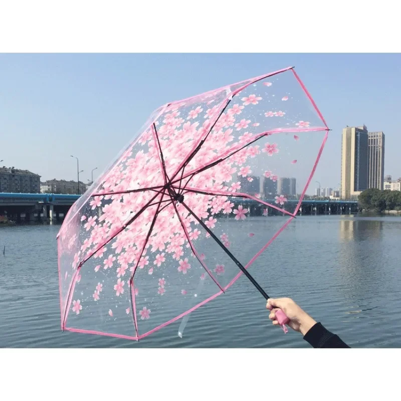 

Manual Women's Transparent Clear Flowers Umbrella Anti-UV Sun Umbrella Cherry Blossom 3 Folding Umbrellas Rain Gear Parasol