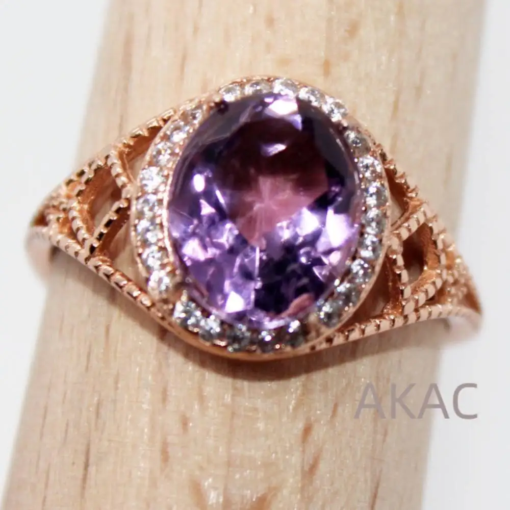 

925 sterling silver Natural amethyst gem cutting adjustable ring plated with rose gold stone size approx8*10mm