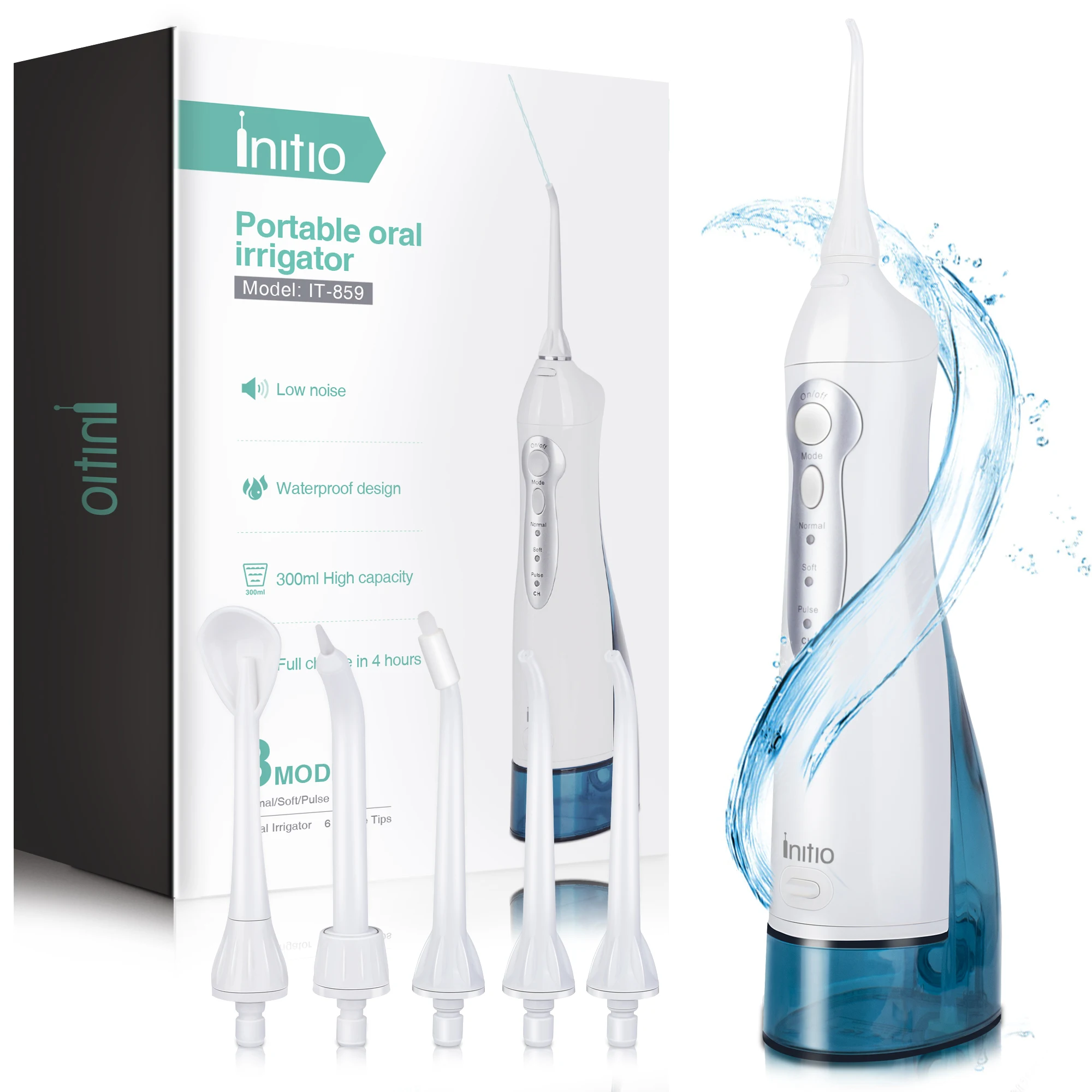 

Cordless Portable Water Flosser Oral Irrigator, 3 Modes and 6 Jet Tips, White