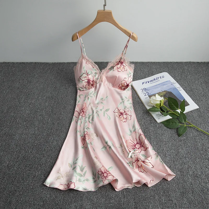 Silk Sleepwear Nighty for Ladies Satin Night Dress Sleeveless V-neck Nightgown Lace Trim Sling Chest Pad Thin Straps Sleepdress