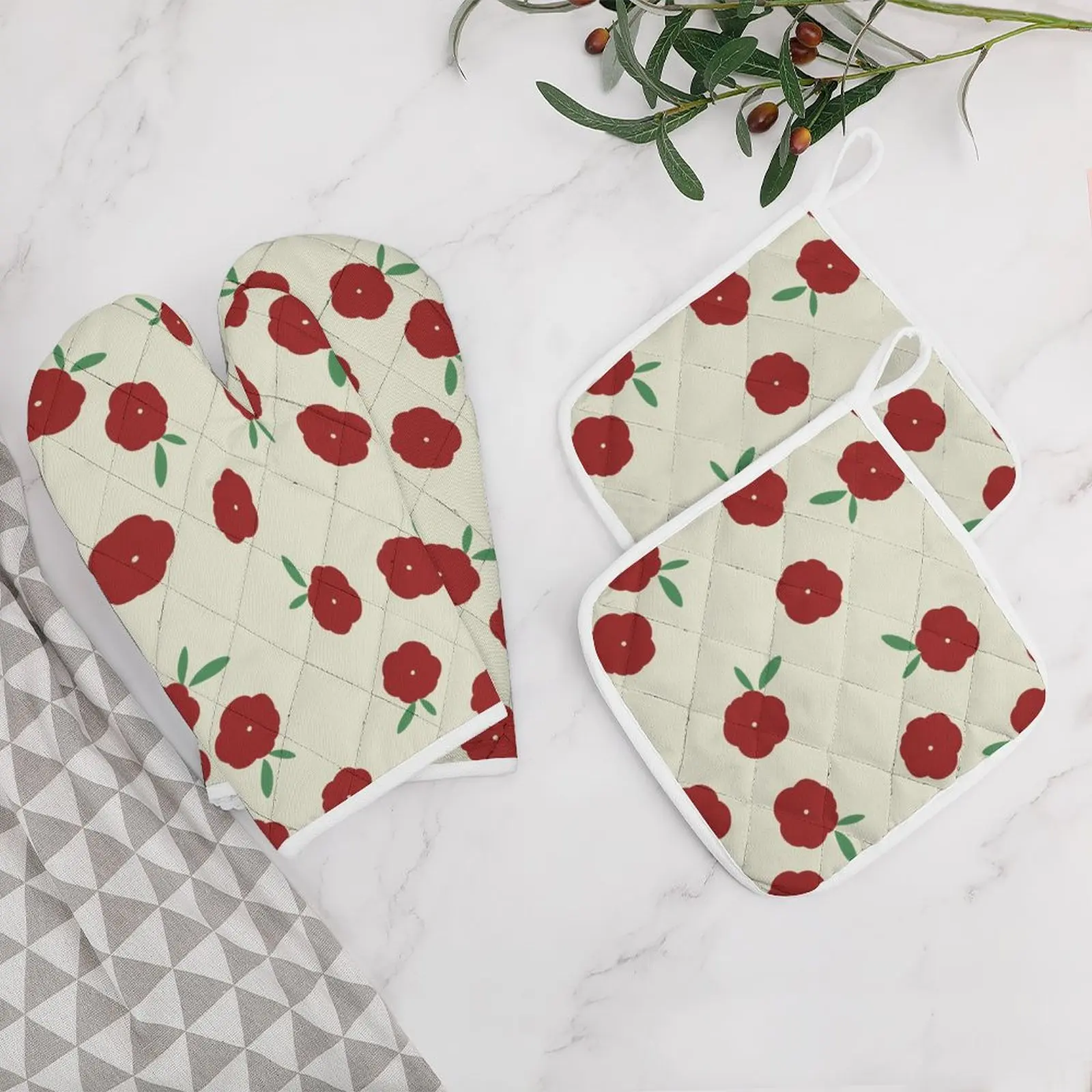 

Flower-red-white-green-repeat Funny Oven Mitts and Pot Holders Sets of 4 Heat Resistant Non Slip Kitchen Gloves for Cooking BBQ
