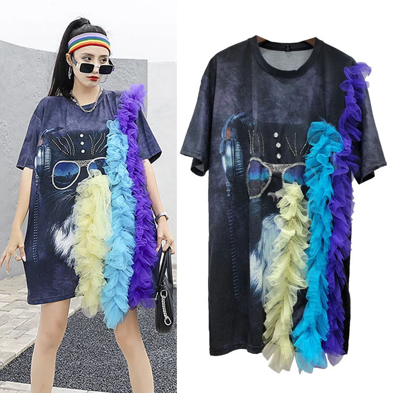 

Street Style Fashion Summer Women T-shirt 2022 Tie Dye Cartoon Printing Mesh Flouncing Short-Sleeved Long Tee Beads Loose Tops