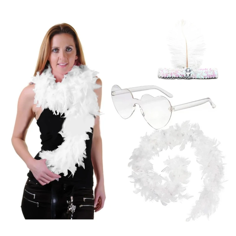 

3pcs Feather Boas Scarf Sunglasses Headband Women Masquerade Cosplay Costume Set 28TF