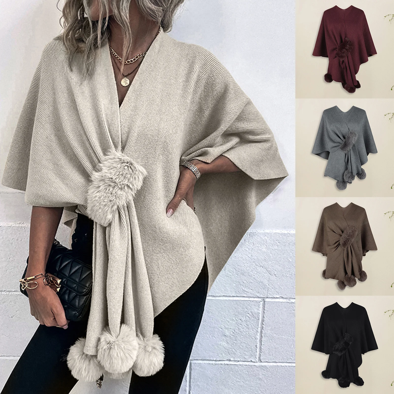 

Basic Elegant Shawl with Fluffy Pompoms Ladies Open Front Sweater Slim Fit Women Solid Color Crochet Casual Daily Outfit