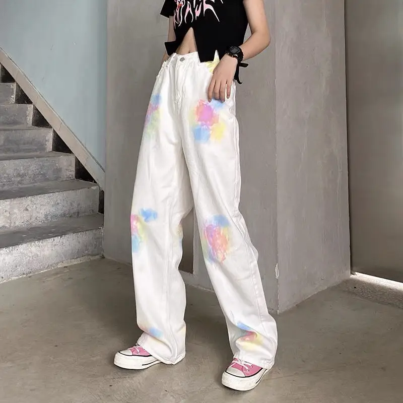 Womens Jeans Tie Dye Trousers White Woman Pants Straight Leg Cowboy Vintage Basics Aesthetic New In Denim Z Loosefit Summer 90s