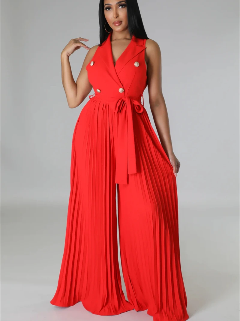 

Женский комбинезон без рукавов, элегантный однотонный плиссированный комбинезон с широкими штанинами, летняя одежда
