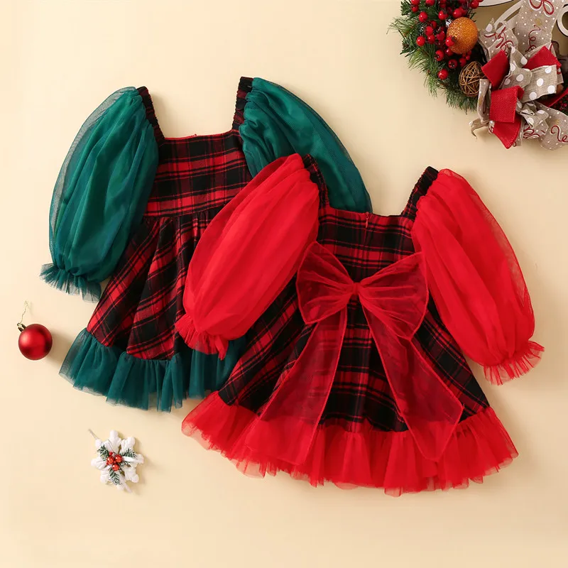 

Рождественское платье для девочек, клетчатое платье с квадратным вырезом и длинными рукавами-фонариками, вечерние ничное платье принцессы ...