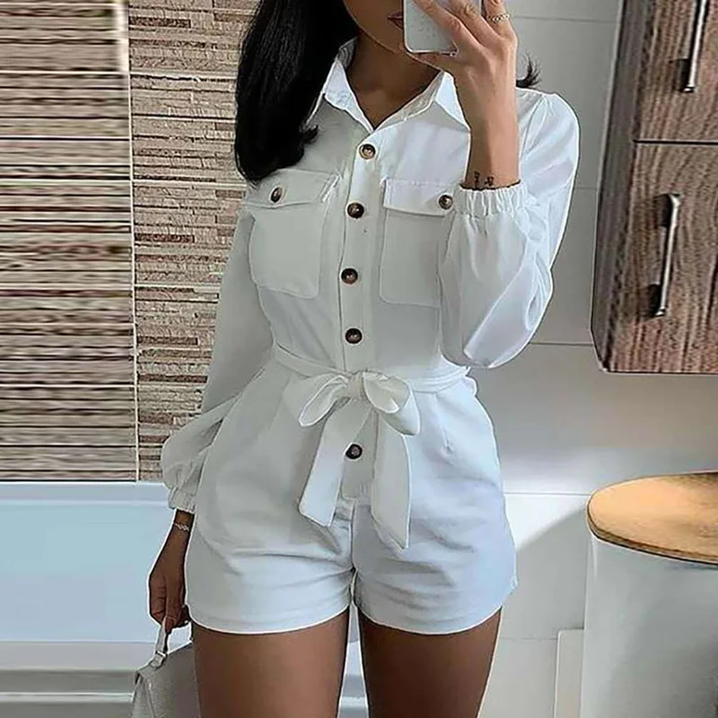 

Women Long Sleeve Button Down Turn Down Collar Bodysuit Sashes Slim Rompers Elegant Summer Workwear