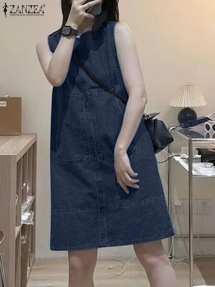 

Женское джинсовое платье без рукавов, с круглым вырезом
