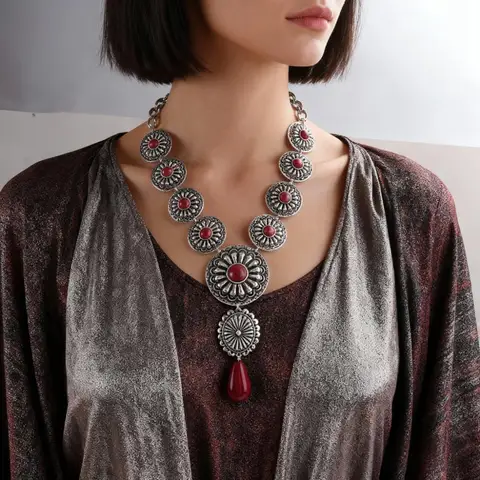 WEALTHYBOO Винтажное серебряное ожерелье с красным камнем