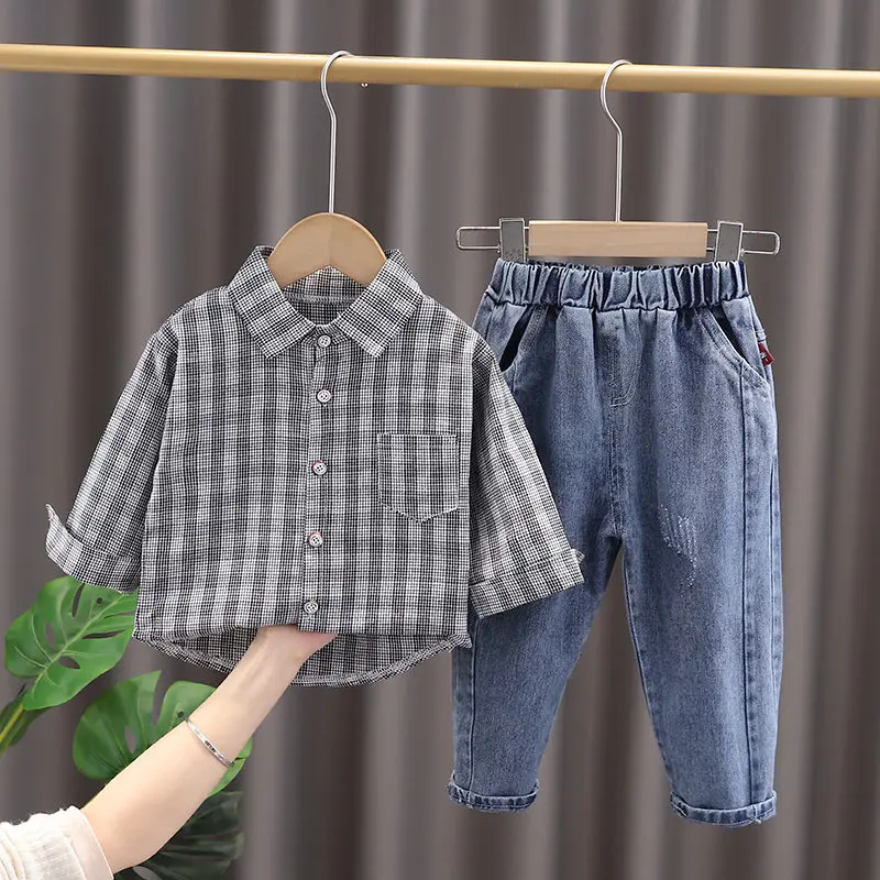 

Boys Clothing Spring Formal Gentleman 2pcs Suit For Kids Clothes Cotton Set Children Plaid Shirt Tracksuit Set 1 2 3 4 5 Years