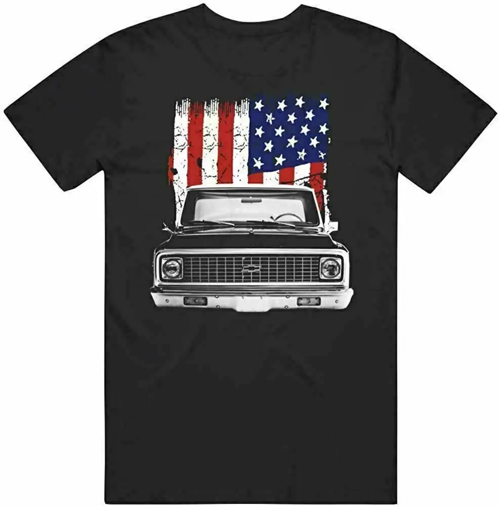 

1972 Chevy C10 Pickup Truck Front Grill View with Us Flag T Shirt S-3XL