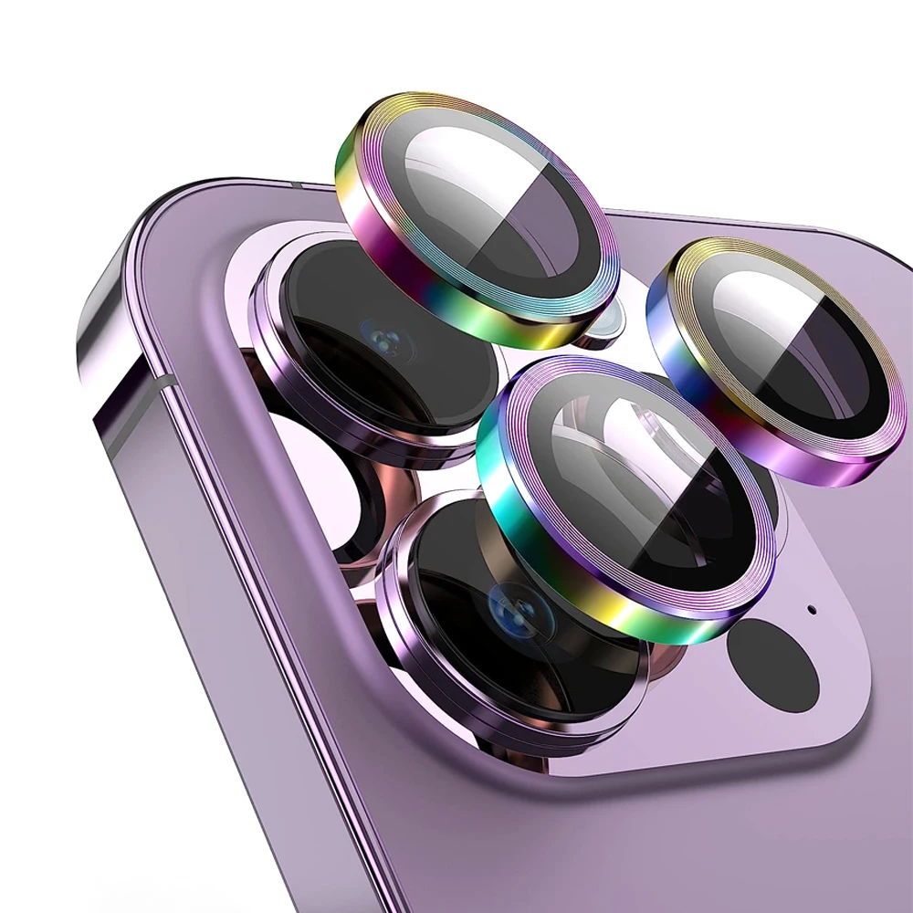 50Pcs For iPhone 14 13 12 11 Pro Max Plus Mini CD Style Metal Camera Lens Cover 3D Alloy Tempered Glass Screen Protector