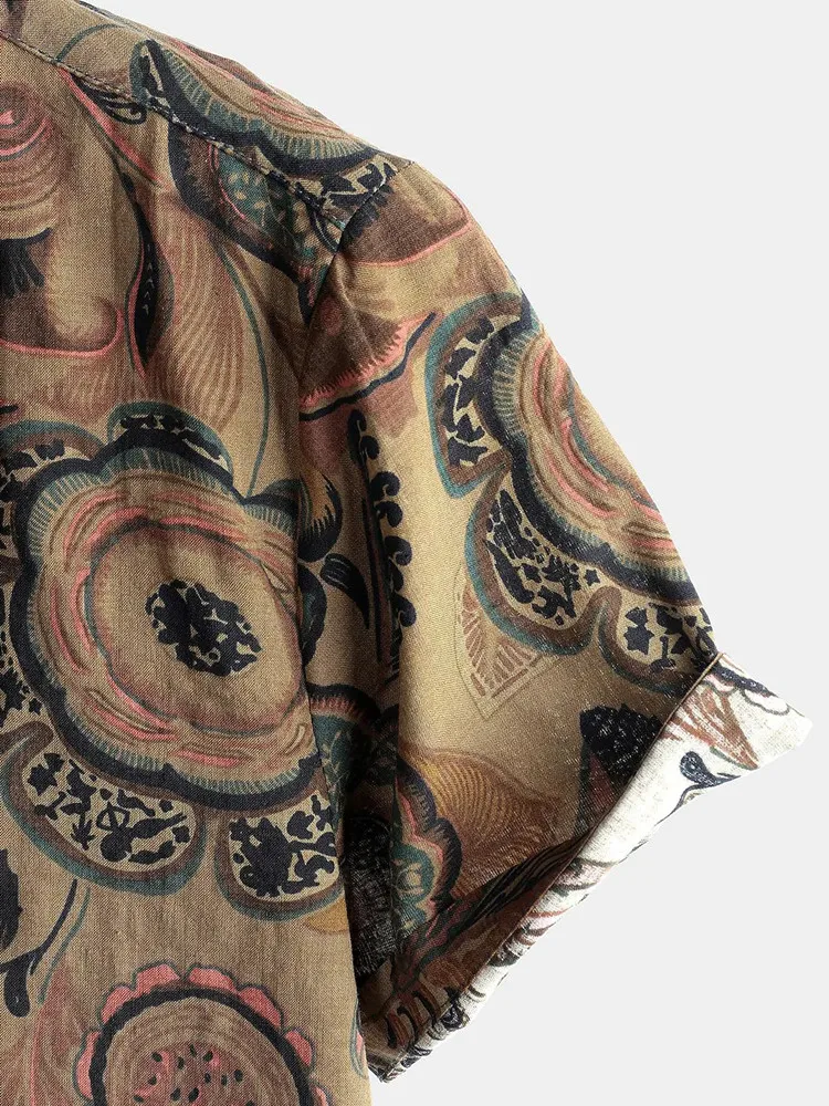 Spring vintage linen Shirts Men's Retro Floral Print Long Sleeve Top Hip Hop Vintage Loose Shirts For Male Old clothes 2022