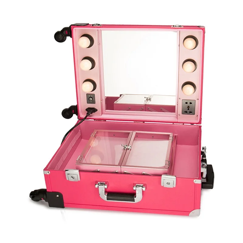 

Professional Rolling Cosmetic Case Beauty Makeup Trolley Suitcase LED Light Mirror Box Pink Luggage With Power Plug