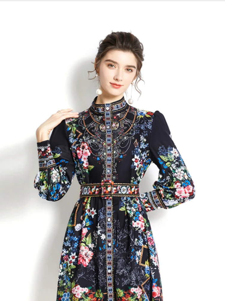 

Aibeautyer New Casaual Summer Floral Print Slim Button Full Lady Dress A Line Stand Collar Chiffon Single Breasted Women Dresses