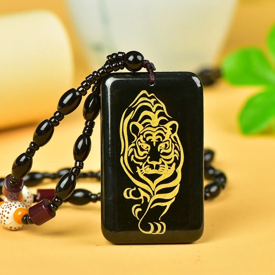 

30*50mm Natural Green Jade Tiger Pendant Necklace Men Women Hetian Jades Nephrite Golden Tiger Feng Shui Charms Sweater Chain