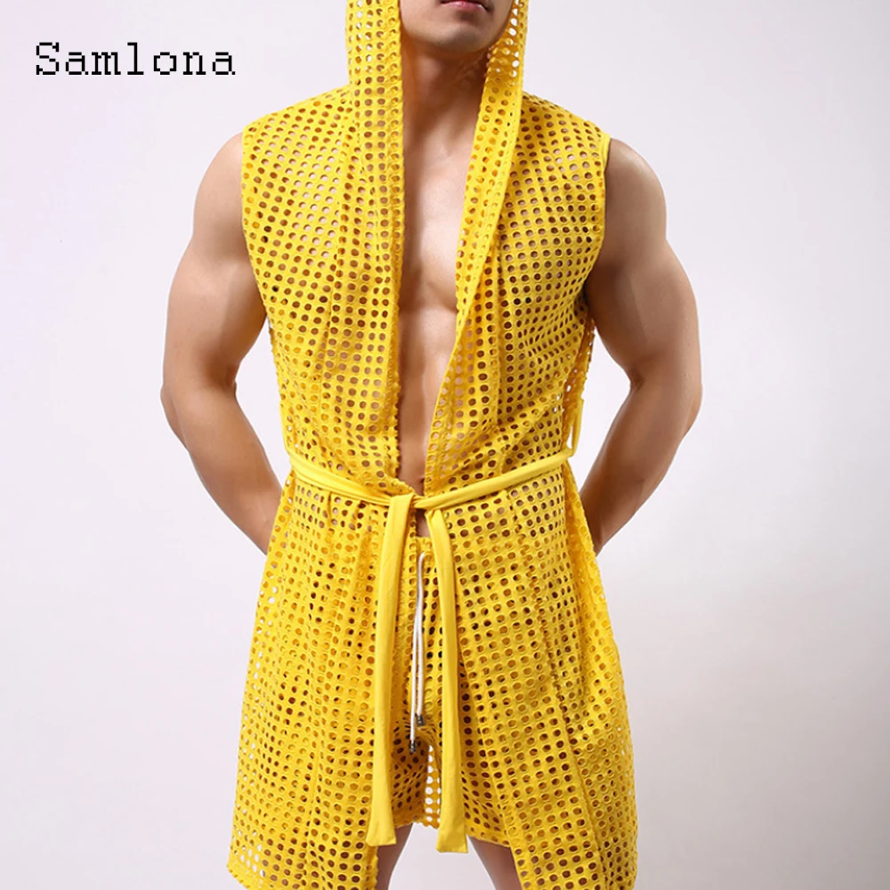 

Sexy Men Hollow Out Tank Tops Sleeveless Long Vest 2022 European Style Casual Beach Shirt Clothing Open Stitch Hooded T-shirt