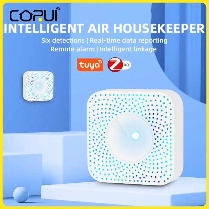 Фото Монитор качества воздуха CoRui Tuya Zigbee, прибор 6 в 1 для измерения CO2, PM2.5, формальдегида, TVOC, детектор температуры и влажности воздуха для дома и о... №1