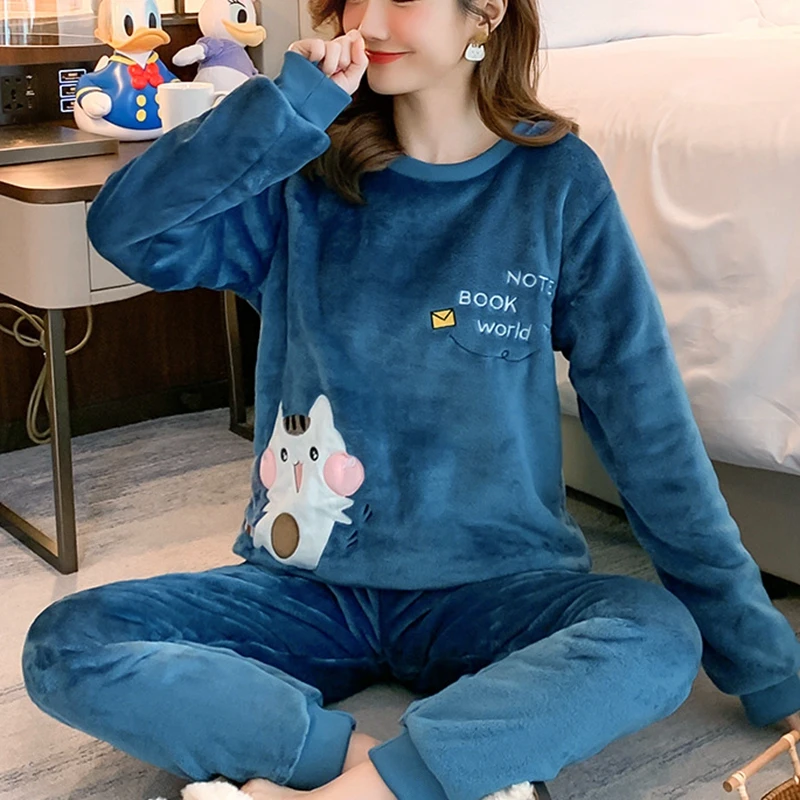 

2022 Winter Pyjamas Warm Flannel Women Thick Leisure Wear Simplicit Coral Velvet Long Sleeve Solid Sleepwear Pajamas Set 2XL
