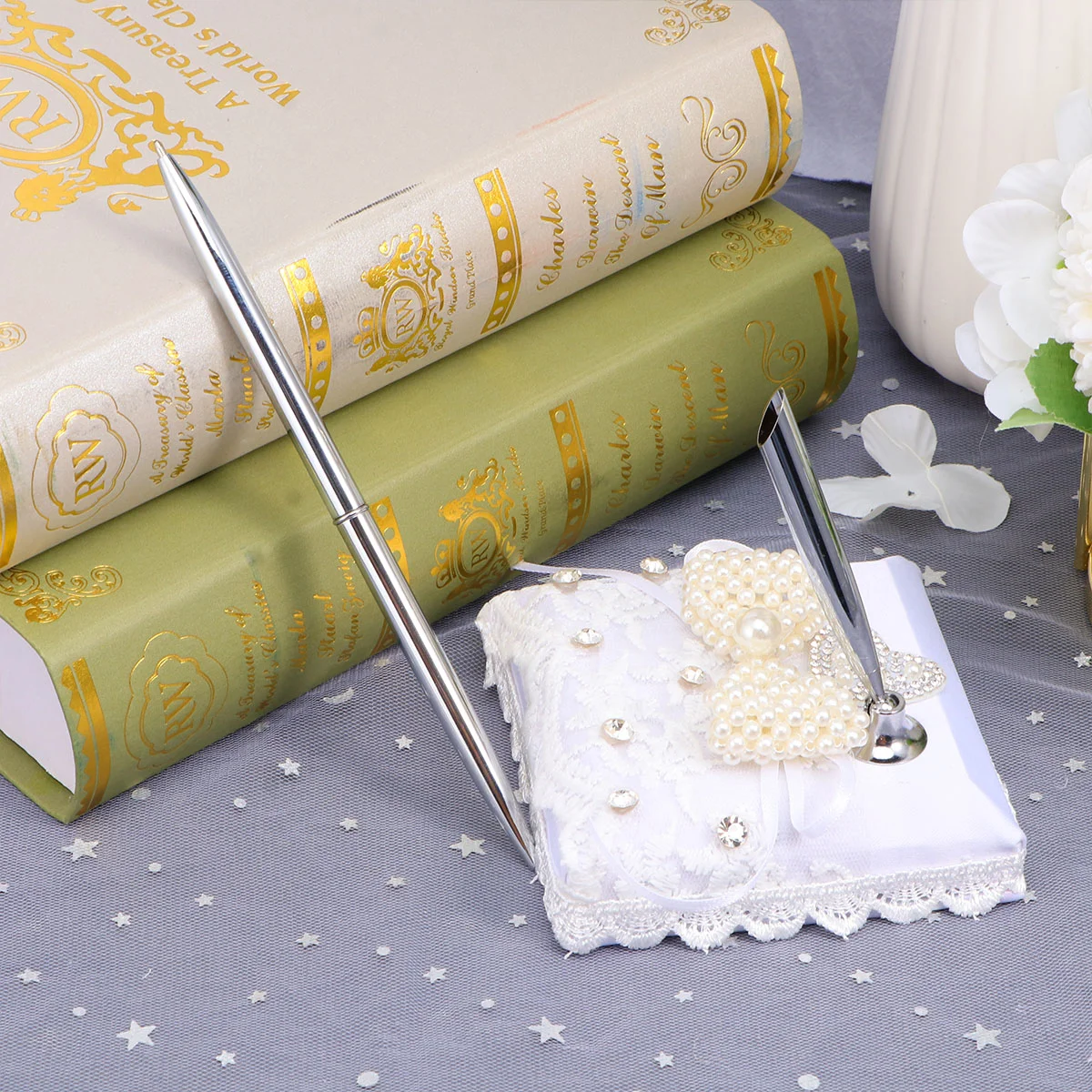 

1PC Signature Guest Book Pen Holder Ribbon Pearl Bowknowt Guestbook Pen Stand with Pen for Wedding Party